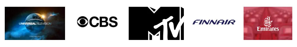 Logos of clients including Universal Television, CBS, MTV, Emirates, and Finnair.